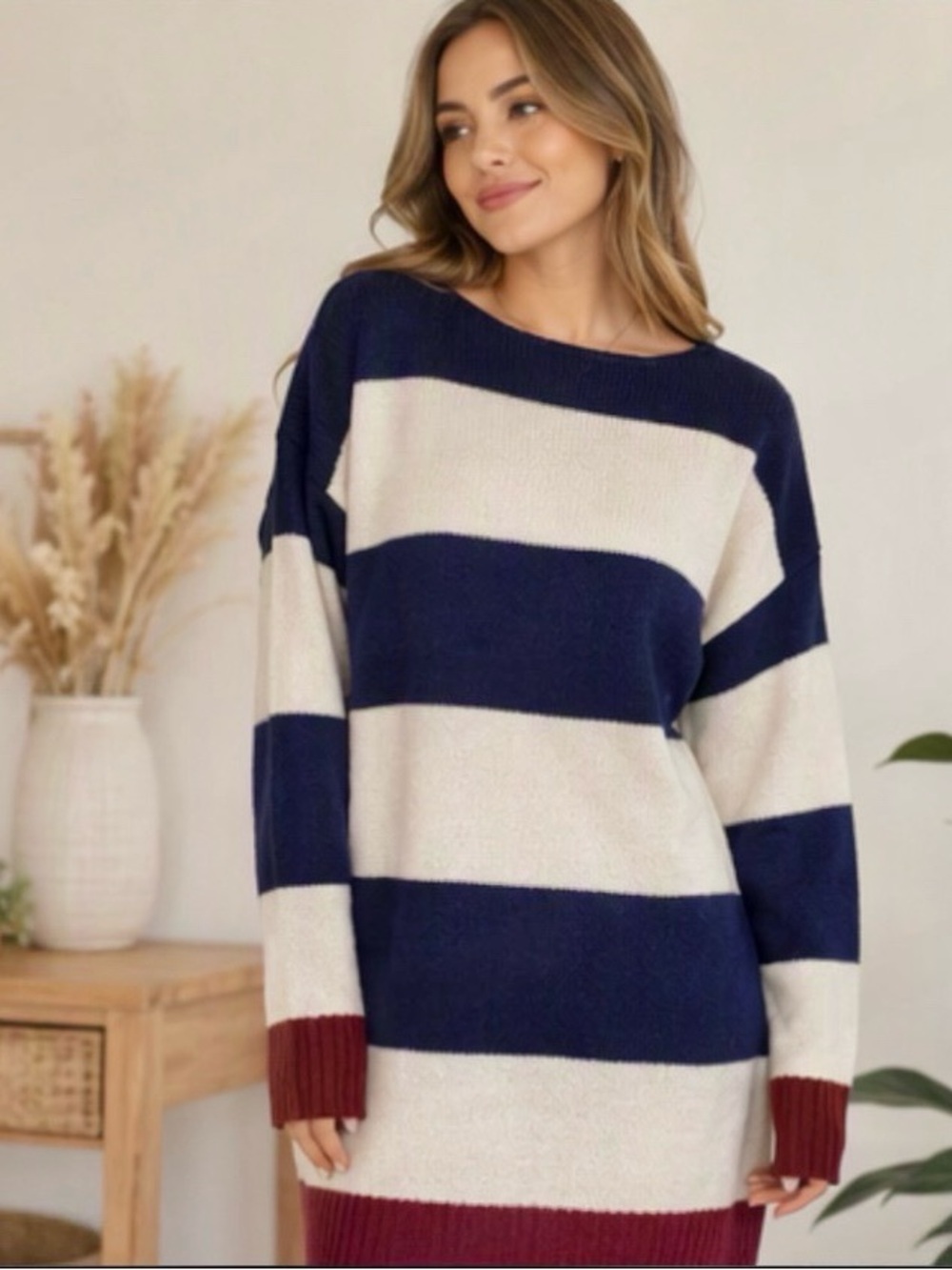🌷 Color Block Crewneck Knit Sweater Dress in Navy Blue, Burgundy & Cream 🌷 NWOT